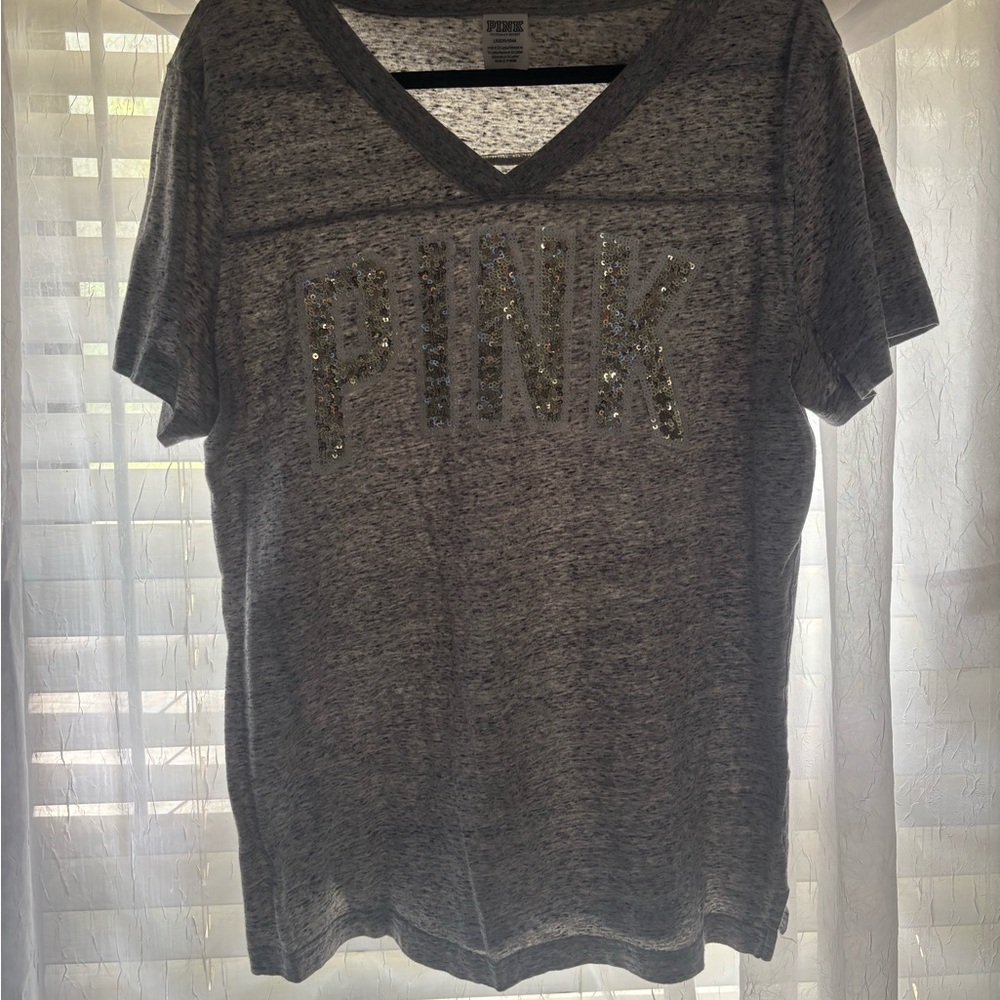 PINK Victoria's Secret Charcoal Sequin Logo Tee